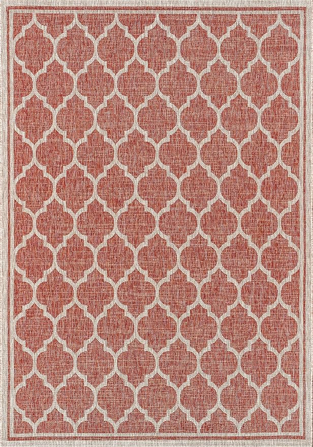 Eyely BMS109C-4 Santa Monica Trebol Moroccan Trellis Textured Weave Indoor/Outdoor Area Rug Coastal;Bohemian, Bedroom, Backyard, Patio, Easy-Cleaning, Non-Shedding, 4 X 6, Red/Beige
