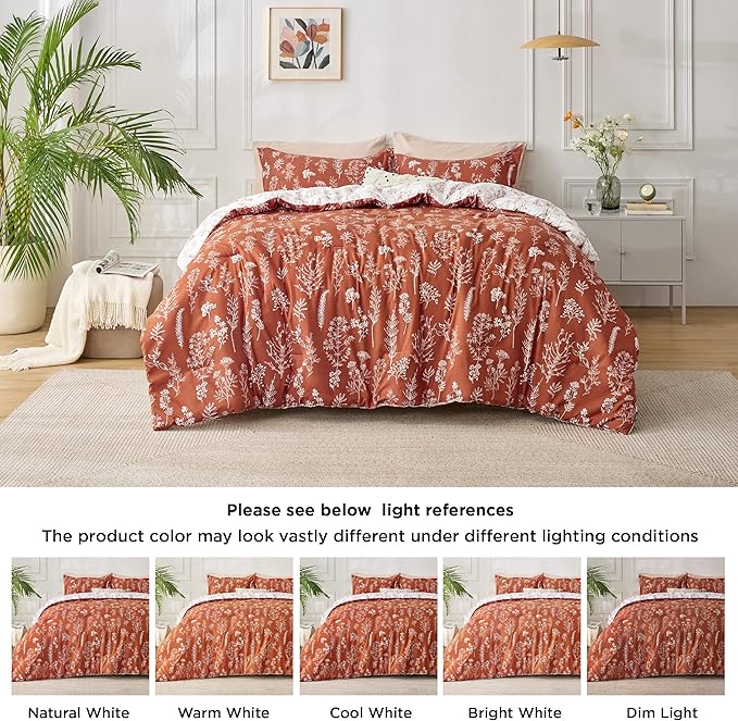 Bedsure Queen Comforter Set - Terracotta Bed Set, 3 Pieces Cute Floral Bedding, 1 Soft Reversible Botanical Flowers Comforter and 2 Pillow Shams