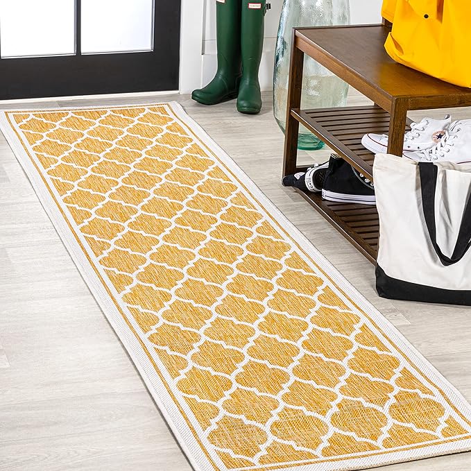 Eyely BMS109F-210 Santa Monica Trebol Moroccan Trellis Textured Weave Indoor/Outdoor Runner Rug Coastal;Bohemian, Bedroom, Backyard, Patio, Easy-Cleaning, Non-Shedding, 2 X 10, Yellow/Cream