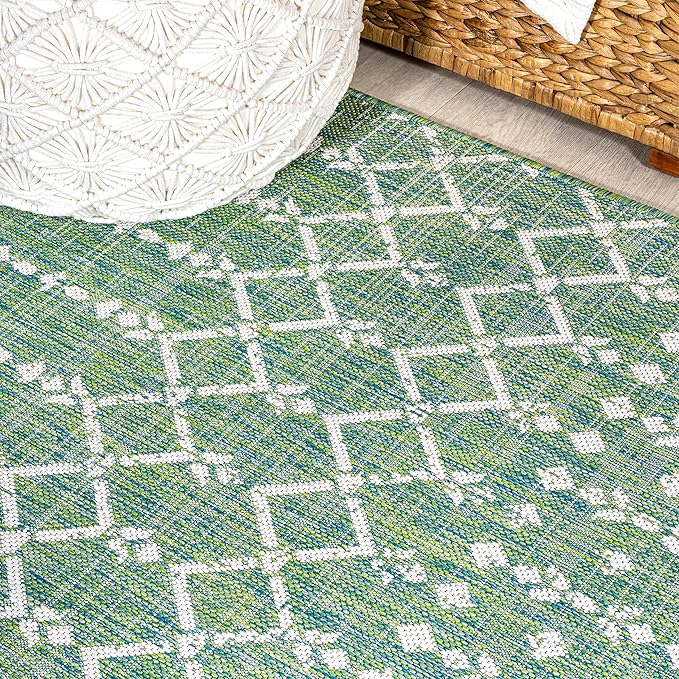 JONATHAN Y SMB108L-210 Ourika Moroccan Geometric Textured Weave Indoor Outdoor Runner Rug, Bohemian, Rustic, Scandinavian Easy-Cleaning,Bedroom,Kitchen,Backyard,Patio,Non Shedding, Ivory/Green, 2 X 10