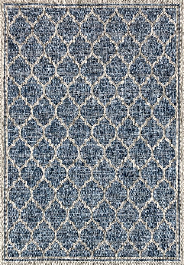 Eyely BMS109D-5 Santa Monica Trebol Moroccan Trellis Textured Weave Indoor/Outdoor Area Rug Coastal;Bohemian, Bedroom, Backyard, Patio, Easy-Cleaning, Non-Shedding, 5 X 8, Navy/Gray