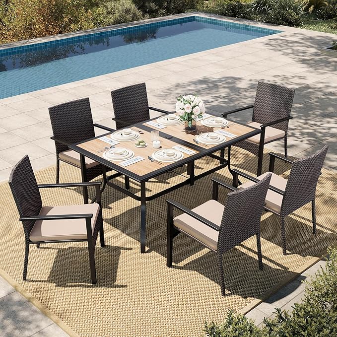 HERA'S HOUSE 7 PCS Outdoor Dining Sets for 6, Outdoor Rattan Chairs and Wood Like Table with 1.57" Umbrella Hole, Patio Dining Set for Deck, Balcony, Backyard, Garden