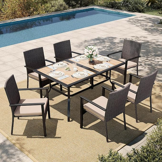 HERA'S HOUSE 7 PCS Outdoor Dining Sets for 6, Outdoor Rattan Chairs and Wood Like Table with 1.57" Umbrella Hole, Patio Dining Set for Deck, Balcony, Backyard, Garden