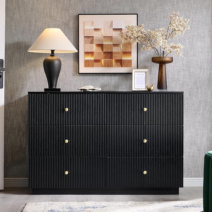 Fluted Dresser for Bedroom, 47" Black 6 Drawer Dressers, Wood Tall Dresser Storage Organizer, Modern Chest of Drawers with Deep Storage for Closet Hallway, Entryway, Living Room, Black