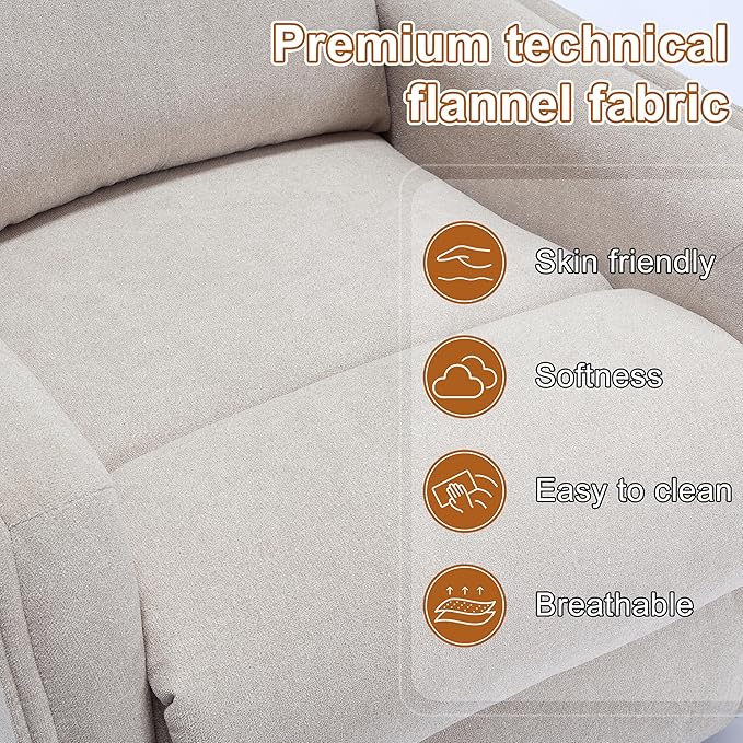 Manual 360° Swivel Rocker Recliner Chair for Adults, Overstuffed Glider Chair for Nursery with Vibration Massage and Heat, Comfy Soft Fabric Glider with Side Pockets for Living Room, Beige