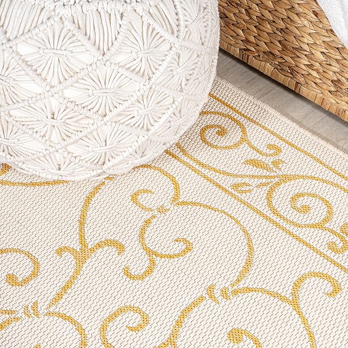JONATHAN Y SMB106M-210 Charleston Vintage Filigree Textured Weave Indoor Outdoor Runner Rug, Classic,Traditional,Transitional Easy Clean,Bedroom,Kitchen,Backyard,Patio, Non-Shed, Cream/Yellow, 2 X 10