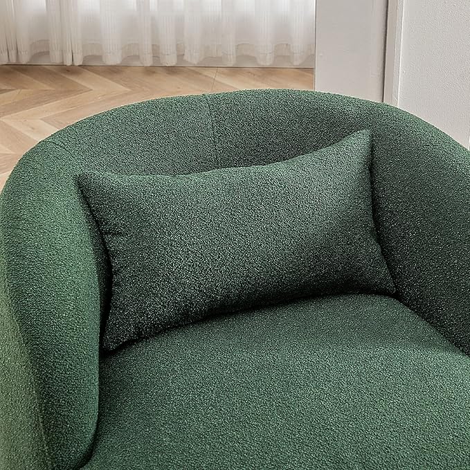 KINWELL 34" Wide Boucle Swivel Barrel Chair, No Assembly Round Upholstered Armchair Accent Chair Single Sofa Chair with Toss Pillow for Living Room and Bedroom, Green