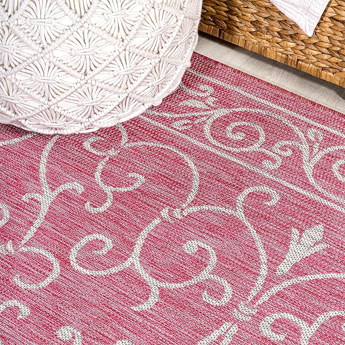 JONATHAN Y SMB106J-5R Charleston Vintage Filigree Textured Weave Indoor Outdoor Area Rug, Coastal, Bohemian, Classic Easy Clean,Bedroom,Kitchen,Backyard,Patio, Non-Shed, Fuchsia/Light Gray, 5' Round