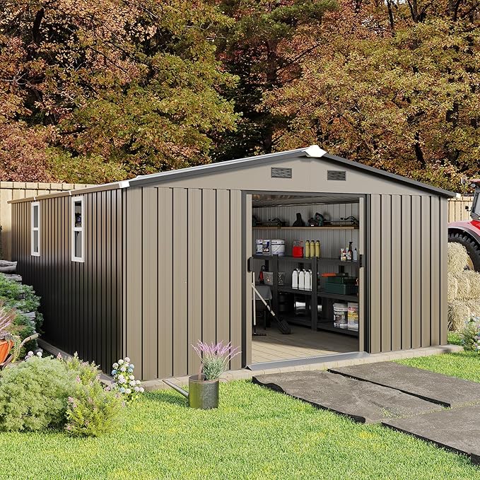 12 x 10 FT Outdoor Storage Shed, Metal Garden Tool Shed with Slooping Roof, Lockable Doors, All-Weather Bike Shed Easy to Assemble for Backyard, Patio, Lawn, Brown