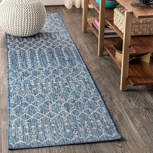JONATHAN Y SMB108B-214 Ourika Moroccan Geometric Textured Weave Indoor/Outdoor Runner Rug, Bohemian, Scandinavian for Bedroom, Kitchen, Living Room, Easy-Cleaning, Navy/Light Gray, 2 ft. x 14 ft.