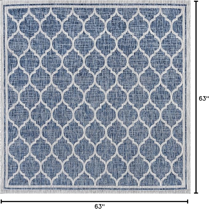 Eyely BMS109D-5SQ Santa Monica Trebol Moroccan Trellis Textured Weave Indoor/Outdoor Area Rug Coastal;Bohemian, Bedroom, Backyard, Patio, Easy-Cleaning, Non-Shedding, 5' Square, Navy/Gray