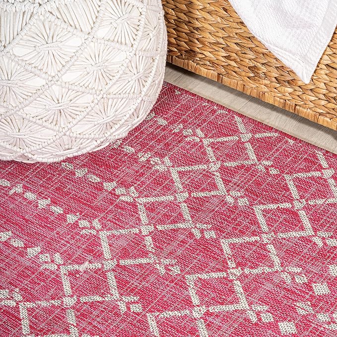 JONATHAN Y SMB108Q-28 Ourika Moroccan Geometric Textured Weave Indoor Outdoor Runner Rug, Bohemian, Rustic, Scandinavian Easy Clean,Bedroom,Kitchen,Backyard,Patio, Non-Shed, Fuchsia/Light Gray, 2 X 8