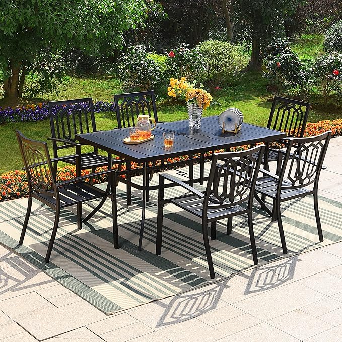 PHI VILLA Outdoor Dining Set 7 Pcs 1 Metal Dining Table and 6 Outdoor Dining Chairs Metal Patio Bistro Stackable Chairs, Black for Outdoor Backyard Bistro Furniture Set