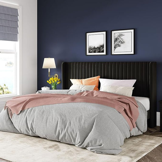 Allewie King Size Velvet Bed Frame/Vertical Channel Tufted Wingback Headboard/Upholstered Platform Bed/Strong Wooden Slats/No Box Spring Needed/Easy Assembly/Black