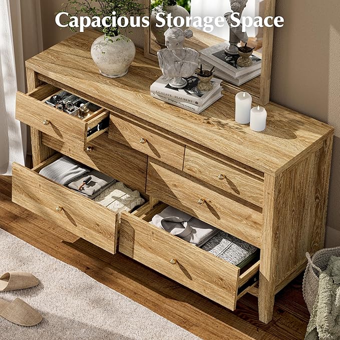 7 Drawers Dresser with Beveled Panel, Farmhouse Chest of Dressers for Bedroom, Wood Dresser TV Stand, Drawer Organizer for Bedroom, Living Room, Hallway, Natural Oak