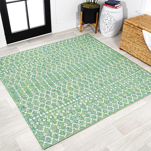 JONATHAN Y SMB108L-5SQ Ourika Moroccan Geometric Textured Weave Indoor Outdoor Area Rug, Bohemian Rustic Scandinavian Easy Cleaning,Bedroom,Kitchen,Backyard,Patio, Ivory/Green, 5' Square