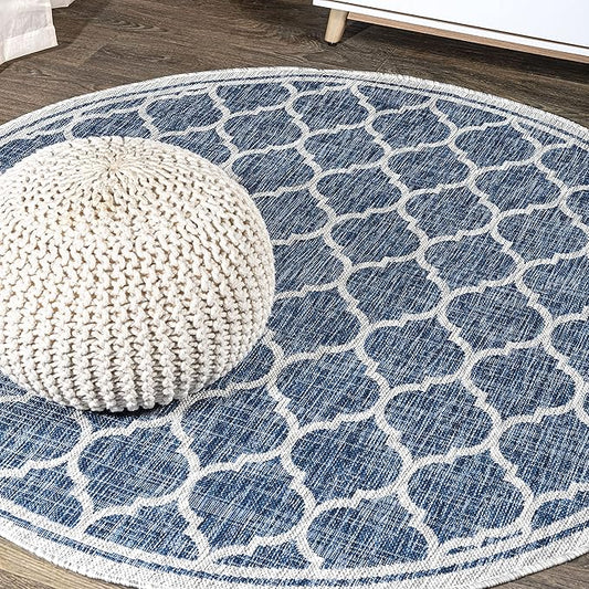 Eyely BMS109D-4R Santa Monica Trebol Moroccan Trellis Textured Weave, Pet Friendly, Non-Shedding, Stain Resistant, Easy-Cleaning, Navy/Gray, 4' Round, Indoor/Outdoor, Area Rug