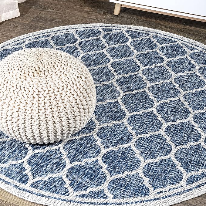 Eyely BMS109D-3R Santa Monica Trebol Moroccan Trellis Textured Weave, Pet Friendly, Non-Shedding, Stain Resistant, Easy-Cleaning, Navy/Gray, 3' Round, Indoor/Outdoor, Area Rug