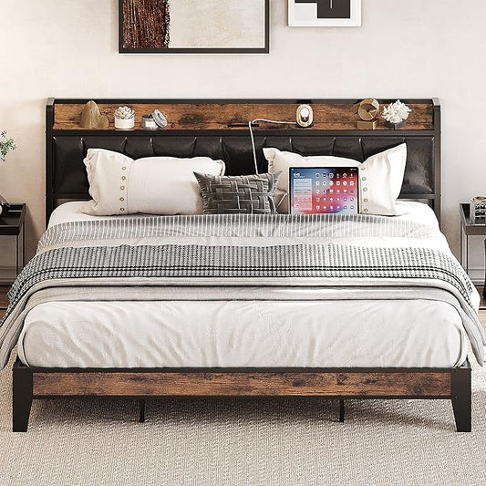 LIKIMIO King Bed Frame, Storage Headboard with Charging Station, Solid and Stable, Noise Free, No Box Spring Needed, Easy Assembly (Vintage and Black)