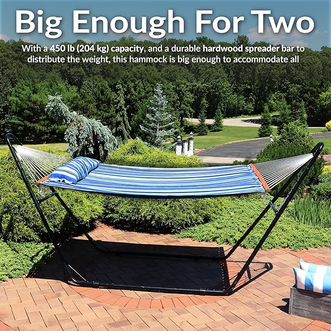 Sunnydaze Double Quilted Fabric Hammock with Universal Steel Stand - 450-Pound Capacity - Black Stand - Misty Beach
