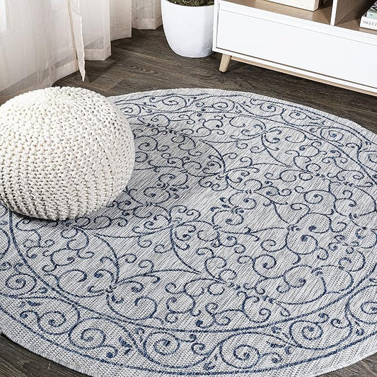 JONATHAN Y SMB106C-6R Charleston Vintage Filigree Textured Weave Gray/Navy 6' Round Indoor/Outdoor Area Rug, Pet Friendly, Non-Shedding, Stain Resistant, Easy-Cleaning for Backyard, Patio, Porch