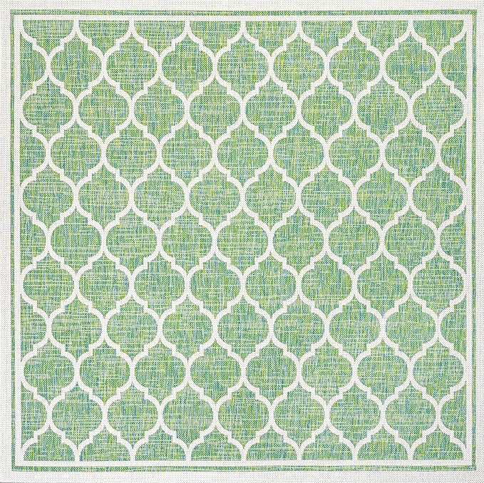 Eyely BMS109I-5SQ Santa Monica Trebol Moroccan Trellis Textured Weave Indoor/Outdoor Area Rug Coastal;Bohemian, Bedroom, Backyard, Patio, Easy-Cleaning, Non-Shedding, 5' Square, Cream/Green