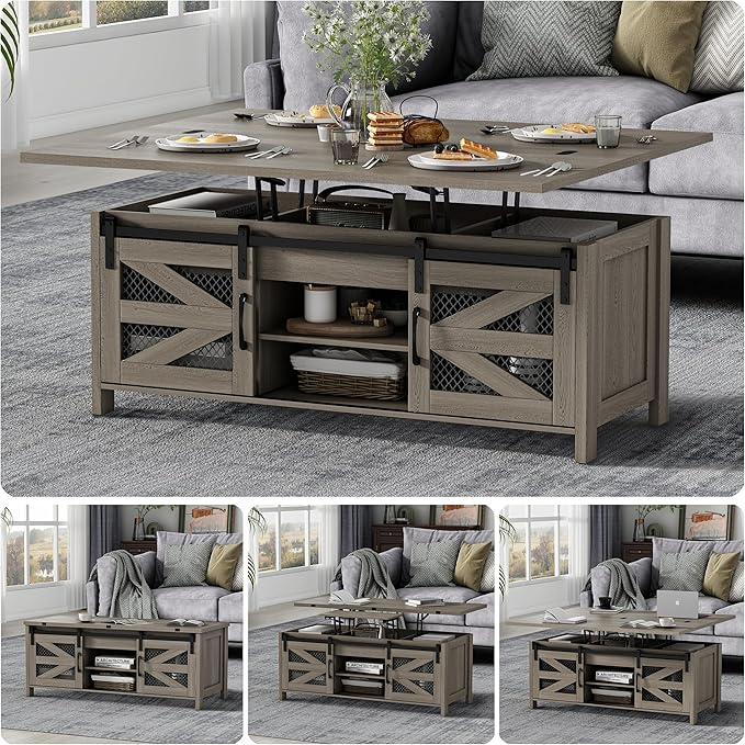 47.2" Lift Top Coffee Table, 4 in 1 Farmhouse Coffee Table with Storage and Sliding Barn Doors, Coffee Tables for Living Room, Dining Room (Grey)