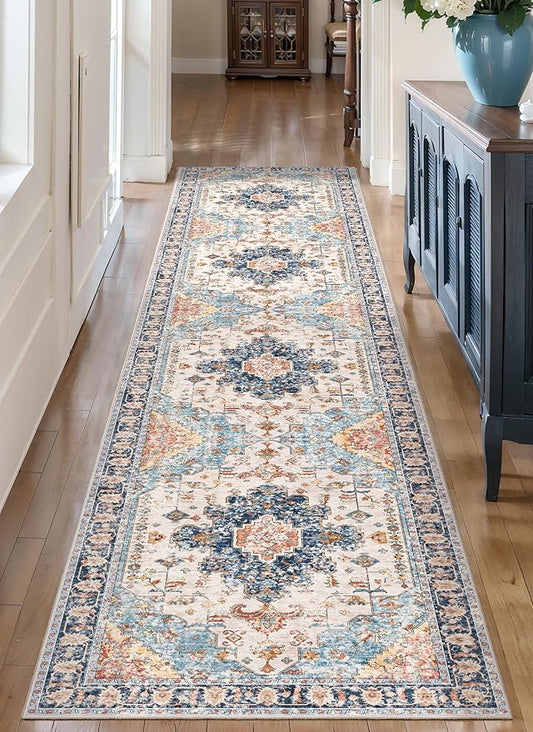 Tangsoo 2x10 Washable Runner Rug for Hallways, Non Slip Vintage Runner Rug, Soft Low Pile Long, Print Distressed Blue/Orange Carpet Runners for Kitchen Bedroom Entryway Bathroom Living Room