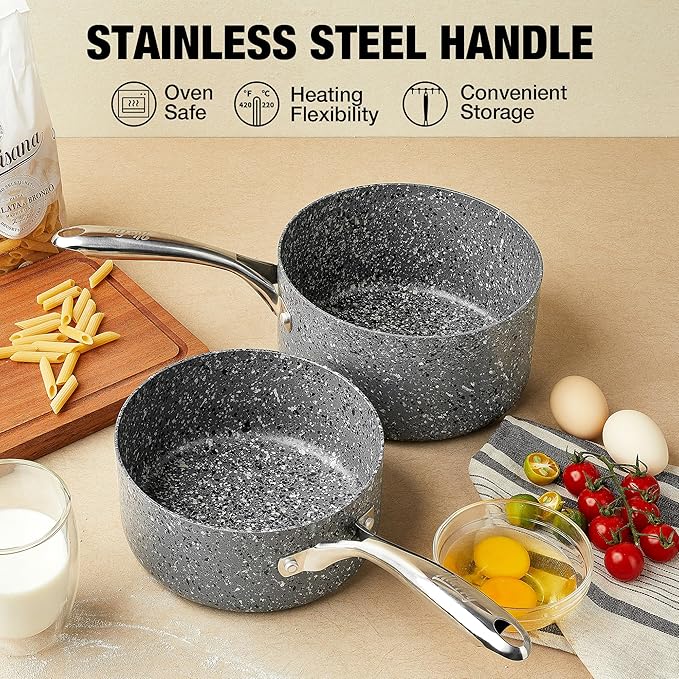 Saucepan Set, Nonstick 2Qt & 3Qt Sauce Pans with Lids, Small Pot with Lid - Natural Granite, Grey