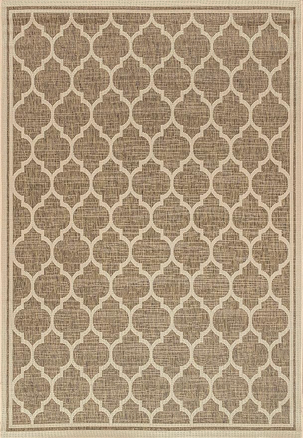 Eyely BMS109A-9 Santa Monica Trebol Moroccan Trellis Textured Weave Indoor/Outdoor Area Rug Coastal;Bohemian, Bedroom, Backyard, Patio, Easy-Cleaning, Non-Shedding, 9 X 12, Brown/Beige