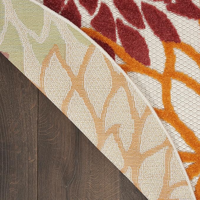 Nourison Aloha Indoor/Outdoor Red Multi Colored 4' x Round Area Rug, Tropical, Botanical, Easy Cleaning, Non Shedding, Bed Room, Living Room, Dining Room, Deck, Backyard, Patio (4 Round)