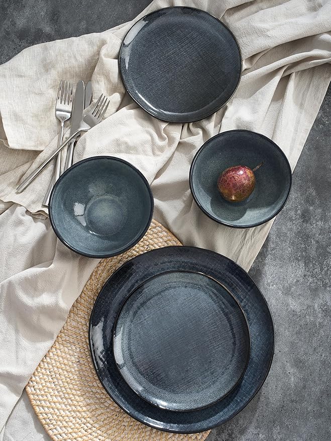 Famiware Moonlight Plates and Bowls Sets, 18 Pieces Stoneware Dinnerware Sets with Linen Finish, Handmade Dishware set for 6, Microwave and Dishwasher Safe, Scratch Resistant Tableware, Dark Blue