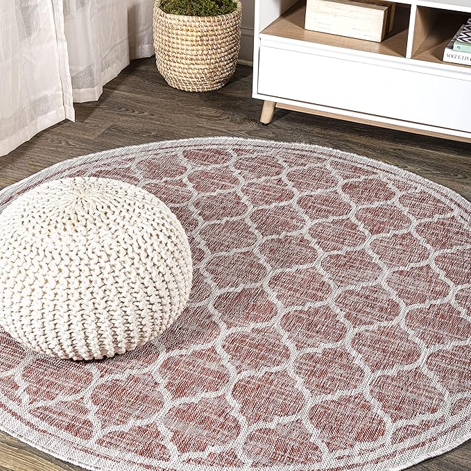 Eyely BMS109C-4R Santa Monica Trebol Moroccan Trellis Textured Weave, Pet Friendly, Non-Shedding, Stain Resistant, Easy-Cleaning, Red/Beige, 4' Round, Indoor/Outdoor, Area Rug