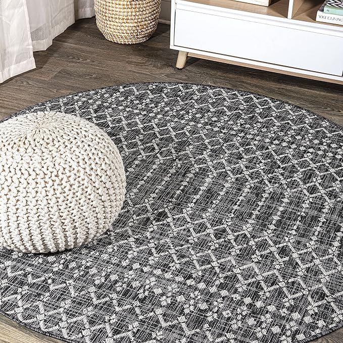 JONATHAN Y SMB108F-9R Ourika Moroccan Geometric Textured Weave Black/Gray 9' Round Indoor/Outdoor Area Rug, Pet Friendly, Non-Shedding, Stain Resistant, Easy-Cleaning for Backyard, Patio, Porch