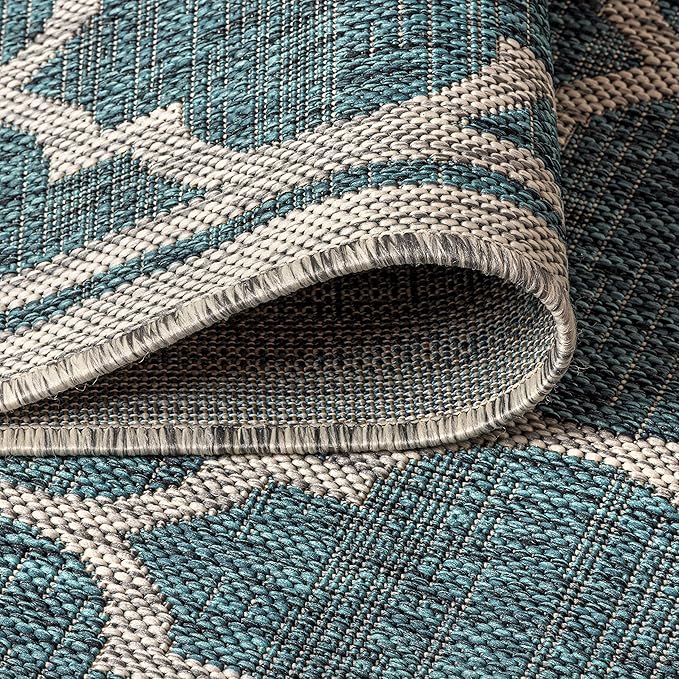 Eyely BMS109E-28 Santa Monica Trebol Moroccan Trellis Textured Weave Indoor/Outdoor Runner Rug Coastal;Bohemian, Bedroom, Backyard, Patio, Easy-Cleaning, Non-Shedding, 2 X 8, Teal/Gray