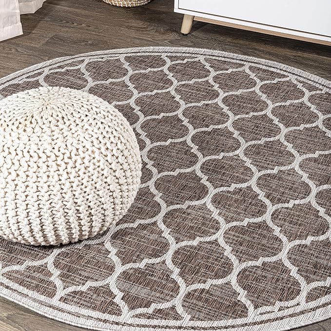 Eyely BMS109B-5R Santa Monica Trebol Moroccan Trellis Textured Weave Indoor/Outdoor Area Rug Coastal;Bohemian, Bedroom, Backyard, Patio, Easy-Cleaning, Non-Shedding, 5' Round, Espresso/Taupe