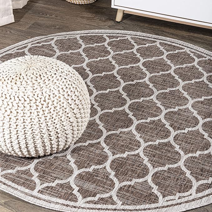 Eyely BMS109B-4R Santa Monica Trebol Moroccan Trellis Textured Weave, Pet Friendly, Non-Shedding, Stain Resistant, Easy-Cleaning, Espresso/Taupe, 4' Round, Indoor/Outdoor, Area Rug