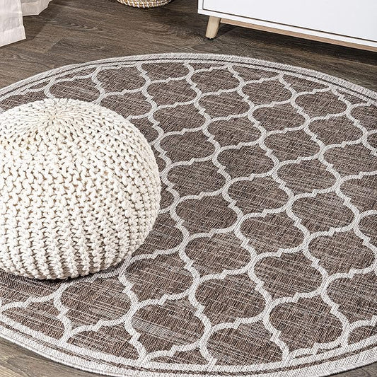 Eyely BMS109B-4R Santa Monica Trebol Moroccan Trellis Textured Weave, Pet Friendly, Non-Shedding, Stain Resistant, Easy-Cleaning, Espresso/Taupe, 4' Round, Indoor/Outdoor, Area Rug