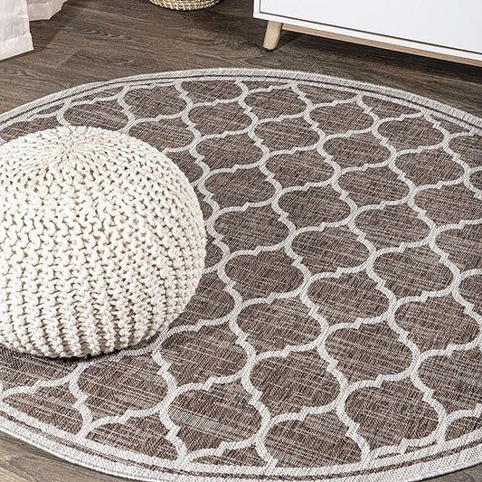 Eyely BMS109B-6R Santa Monica Trebol Moroccan Trellis Textured Weave, Pet Friendly, Non-Shedding, Stain Resistant, Easy-Cleaning, Espresso/Taupe, 6' Round, Indoor/Outdoor, Area Rug