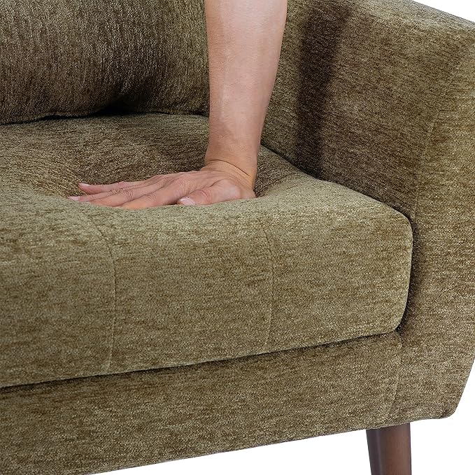 Accent Chair, Comfy Upholstered Living Room Chairs with High Tufted Backrest and Pillow, Wingback Reading Chair with Solid Wood Legs for Bedroom/Office, Chenille Fabric, Olive Green