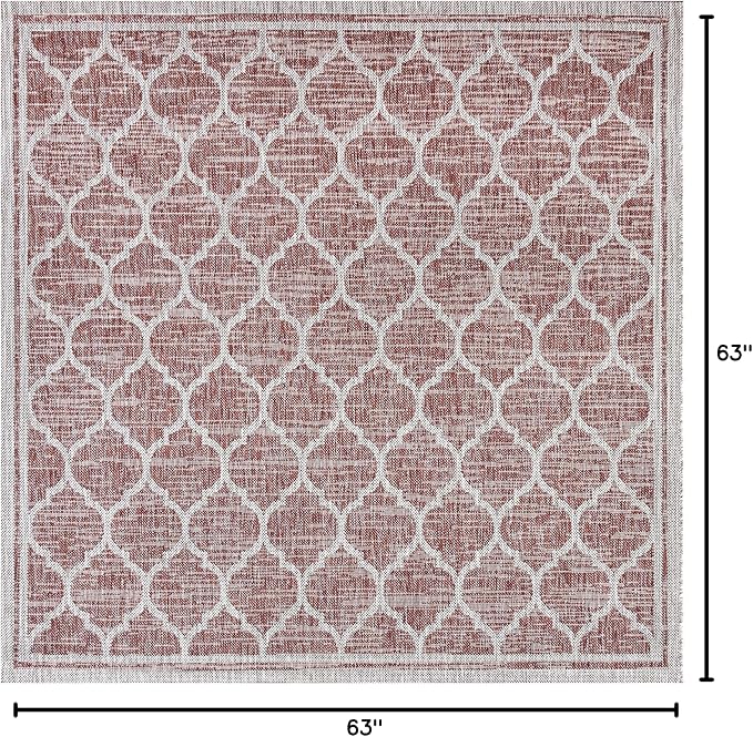 Eyely BMS109C-5SQ Santa Monica Trebol Moroccan Trellis Textured Weave Indoor/Outdoor Area Rug Coastal;Bohemian, Bedroom, Backyard, Patio, Easy-Cleaning, Non-Shedding, 5' Square, Red/Beige