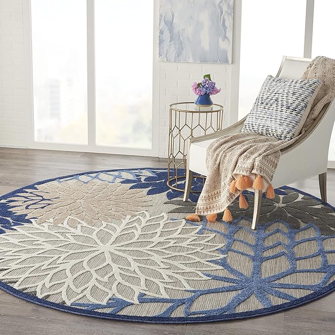 Nourison Aloha Indoor/Outdoor Blue/Multicolor 7'10" x Round Area Rug, Tropical, Botanical, Easy Cleaning, Non Shedding, Bed Room, Living Room, Dining Room, Deck, Backyard, Patio (8 Round)
