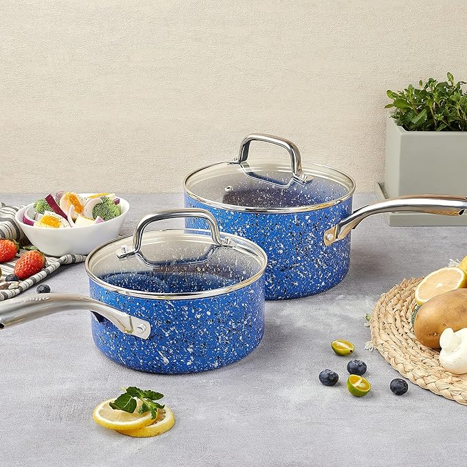 Kitchen Nonstick Saucepan Set - 1 Quart and 2 Quart Sauce Pan Set with Lid - Multipurpose Pots Set Use for Home Kitchen or Restaurant (Blue Granite)