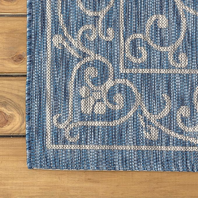 JONATHAN Y SMB106D-5SQ Charleston Vintage Filigree Textured Weave Indoor Outdoor Area Rug Classic Coastal Easy Cleaning Bedroom Kitchen Backyard Patio Non Shedding, 5' Square, Navy/Gray