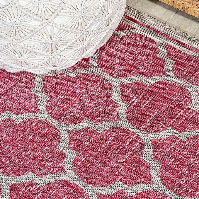Eyely BMS109H-210 Santa Monica Trebol Moroccan Trellis Textured Weave Indoor/Outdoor Runner Rug Coastal;Bohemian, Bedroom, Backyard, Patio, Easy-Cleaning, Non-Shedding, 2 X 10, Fuchsia/Light Gray