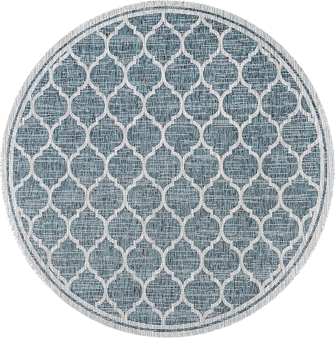 Eyely BMS109E-5R Santa Monica Trebol Moroccan Trellis Textured Weave Indoor/Outdoor Area Rug Coastal;Bohemian, Bedroom, Backyard, Patio, Easy-Cleaning, Non-Shedding, 5' Round, Teal/Gray