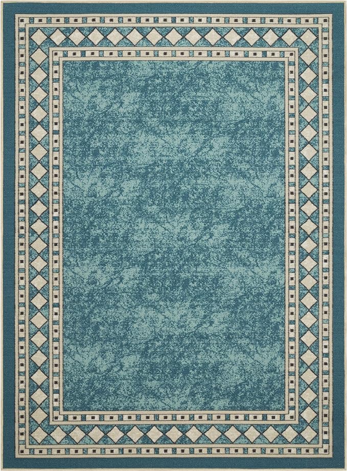 Antep Rugs Alfombras Modern Bordered 4x6 Non-Skid (Non-Slip) Low Profile Pile Rubber Backing Indoor Area Rugs (Blue, 4' x 5'8")