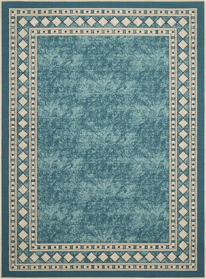 Antep Rugs Alfombras Modern Bordered 8x10 Non-Skid (Non-Slip) Low Profile Pile Rubber Backing Indoor Area Rugs (Blue, 7'10" x 10')