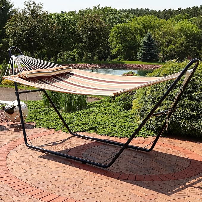 Sunnydaze Quilted Outdoor Hammock with Spreader Bars - Heavy-Duty 450-Pound Capacity Double Hammock for Outside - Sandy Beach