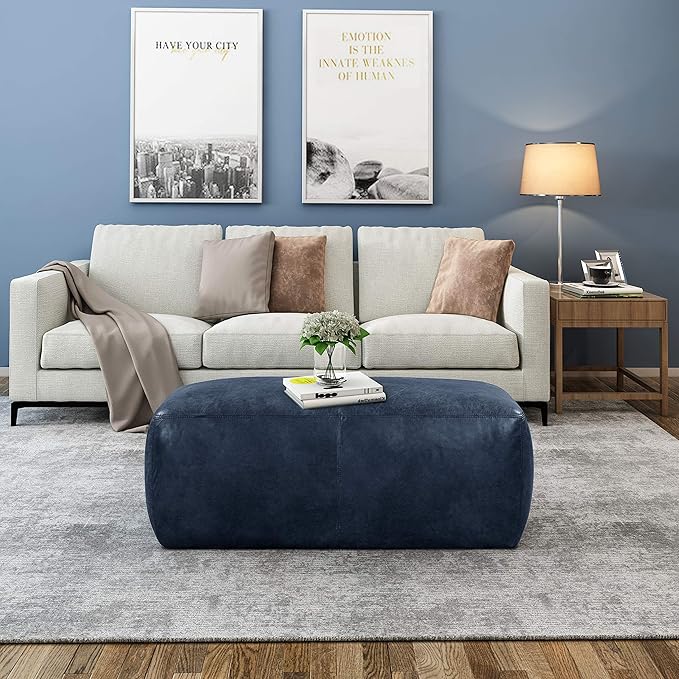 POLY & BARK Denver Rectangle Leather Ottoman in Full-Grain Semi-Aniline Italian Tanned Leather in Midnight Blue